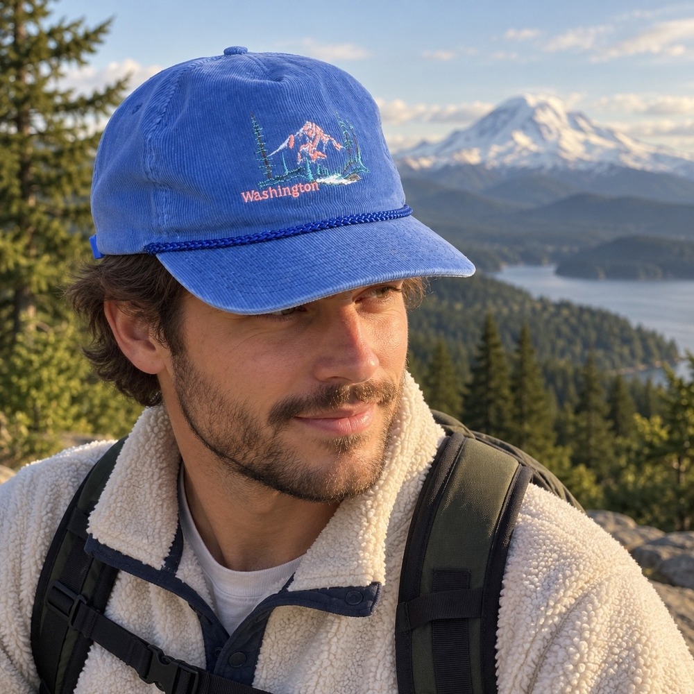 Vintage Washington Corduroy Rope Hat Mountain Embroidered Gorpcore Blue